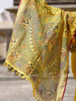 Yellow madhubani hand-painted pure linen saree