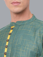 Green Color Soft Poly Cot Yellow Textured Loop Button Short Kurta