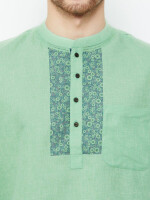 Green Handloom Textured & Printed Short Kurta
