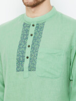 Green Handloom Textured & Printed Short Kurta