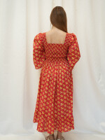 Red Yellow Flower Smocking Dress, bright and flowy cotton dress