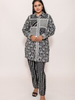 pure cotton black and white printed unusual style applic patch front button shirt style co-ord set