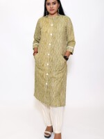 Cotton Stripe Mehendi Green straight high neck kurta with front buttons and pockets combines both functionality and fashion.