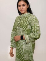 pure soft cotton olive green 3-button top length stand collar short kurti stylish