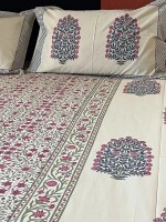 Blooming bouquet white with blue & pink motif block printed 100% cotton bedsheet with 2 pillow covers