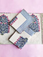 Blooming bouquet white with blue & pink motif block printed 100% cotton bedsheet with 2 pillow covers