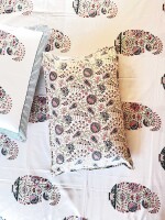 White floral block printed 210 thread count cotton double bedsheet set with 2 pillow covers - 108 inches x 108 inches