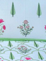 Refreshing green & pink jaal block printed 210 thread count cotton double bedsheet set with 2 pillow covers