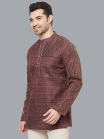 Brown Jacquard Banarsi Textured Men Short Kurta , Pattern: self weave, Colour: Brown and  Formal ethnic