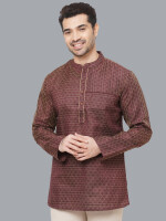 Brown Jacquard Banarsi Textured Men Short Kurta , Pattern: self weave, Colour: Brown and  Formal ethnic