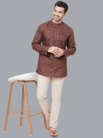 Brown Jacquard Banarsi Textured Men Short Kurta , Pattern: self weave, Colour: Brown and  Formal ethnic