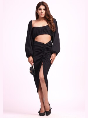 Black Rushed C0-Ords , Balloon Sleeve Top and Ruched Split Midi Skirt and Latest Designs