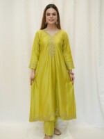 Lime Green Chanderi Silk Suit Set, with golden zari embroidery over neck and sleeves.