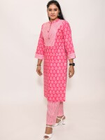 pure cotton fresh pink printed straight-cut stand collar kurta, paired with stripe pants and a matching neck yolk