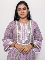 pure cotton formal lavender color kurta set, adorned with silver gotta and lace embellishments