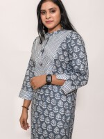 pure cotton formal grey printed straight-cut stand collar kurta paired with stripe pants and a matching neck yolk