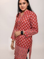 Pure cotton katha work Maroon Printed Short Length Kurti with mirror work details sounds both stylish and comfortable.