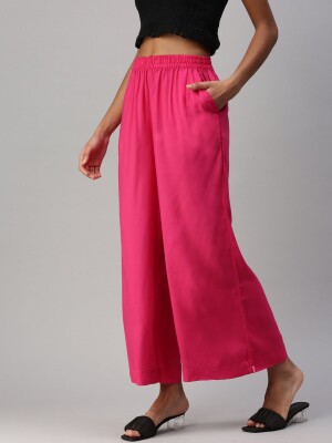 Bright pink 100% cotton relaxed fit palazzo pant for women