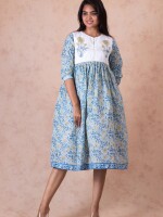 white blue Cyan Sun Block Print Cotton Dress