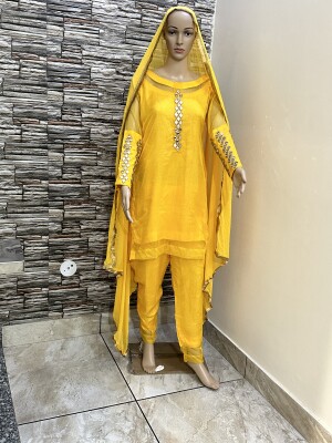 Yellow organza party wear plazzo suit with mirror handwork mehendi sangeet outfit