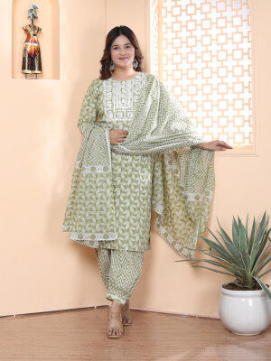 Salwar Suit with Dupatta in Cotton (Green)-KR-22