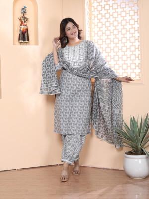 100% cotton Salwar Suit Set with Dupatta in Cotton (Grey)-KR-23