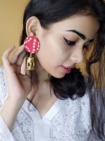 Rainvas Red bandhani print golden jhumka earrings