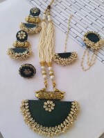 Bottle green long motimala necklace earrings bracelet and tika set