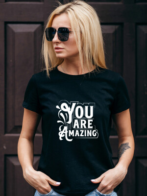 Dazzling Deer Women's Round Neck Black Half sleeve "You are Amazing" Printed Cotton T-shirt- DDTSW-57