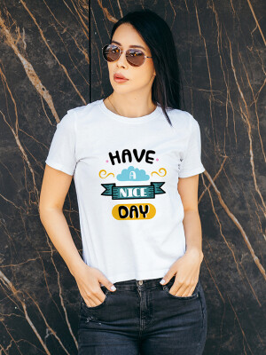Women's Round Neck White "Have a Nice Day" Printed Cotton T-shirt- DDTSW-19