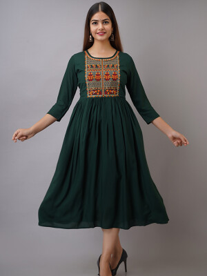 Women's Solid Dyed Rayon Designer Embroidered A-Line Kurta - KR035GREEN