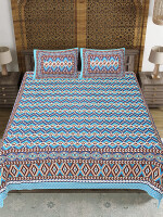 Blue Zic Zac Jaipuri Print Cotton king 90 by 108 Floral Bedsheet with two big size pillow cover BS-10