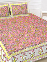 Floral Print Peach & Yellow Jaipuri Print Cotton king 90 by 108 Floral Bedsheet with two big size pillow cover BS-12