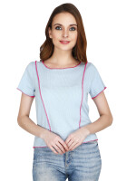 100% cotton,Sky blue solid knitted rib t-shirt, has a round neck, contrast in color overlocking lines at the front and back, short sleeves.