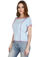 100% cotton,Sky blue solid knitted rib t-shirt, has a round neck, contrast in color overlocking lines at the front and back, short sleeves.