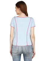 100% cotton,Sky blue solid knitted rib t-shirt, has a round neck, contrast in color overlocking lines at the front and back, short sleeves.