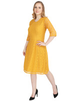 Yellow self- design A-line dress,round neck, padded bust, sheer back bodice, concealed zipper closure at the back, an attached polyester lining