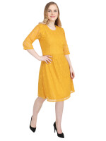 Yellow self- design A-line dress,round neck, padded bust, sheer back bodice, concealed zipper closure at the back, an attached polyester lining