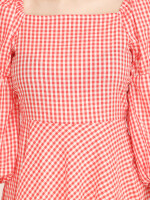 100 % cotton, Red and white gingham check dress has a square neck, puff sleeves, concealed zipper closure at the back and flared hem