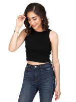 Sleeveless Black solid knit crop fitted top, Ribbed Round Neck Tee