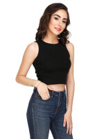 Sleeveless Black solid knit crop fitted top, Ribbed Round Neck Tee