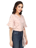 Asymmetrical Pink Floral Crop Top,with ruffle sleeves and elasticized hemline and non functional tie knot for grace.