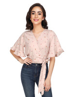 Asymmetrical Pink Floral Crop Top,with ruffle sleeves and elasticized hemline and non functional tie knot for grace.