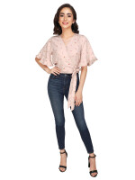 Asymmetrical Pink Floral Crop Top,with ruffle sleeves and elasticized hemline and non functional tie knot for grace.