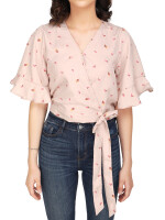 Asymmetrical Pink Floral Crop Top,with ruffle sleeves and elasticized hemline and non functional tie knot for grace.