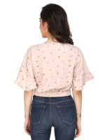 Asymmetrical Pink Floral Crop Top,with ruffle sleeves and elasticized hemline and non functional tie knot for grace.