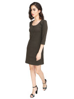 100 % cotton,Bodycon solid olive green rib knit dress ,full sleeves,round neck,knee length and straight hem