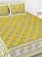 Yellow Jaipuri Print Cotton king 90 by 108 Floral Bedsheet with two big size pillow cover BS-13