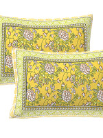 Yellow Jaipuri Print Cotton king 90 by 108 Floral Bedsheet with two big size pillow cover BS-13