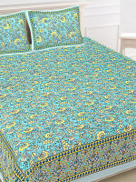 Floral Sea Green Jaipuri Print Cotton king 90 by 108 Floral Bedsheet with two big size pillow cover BS-17